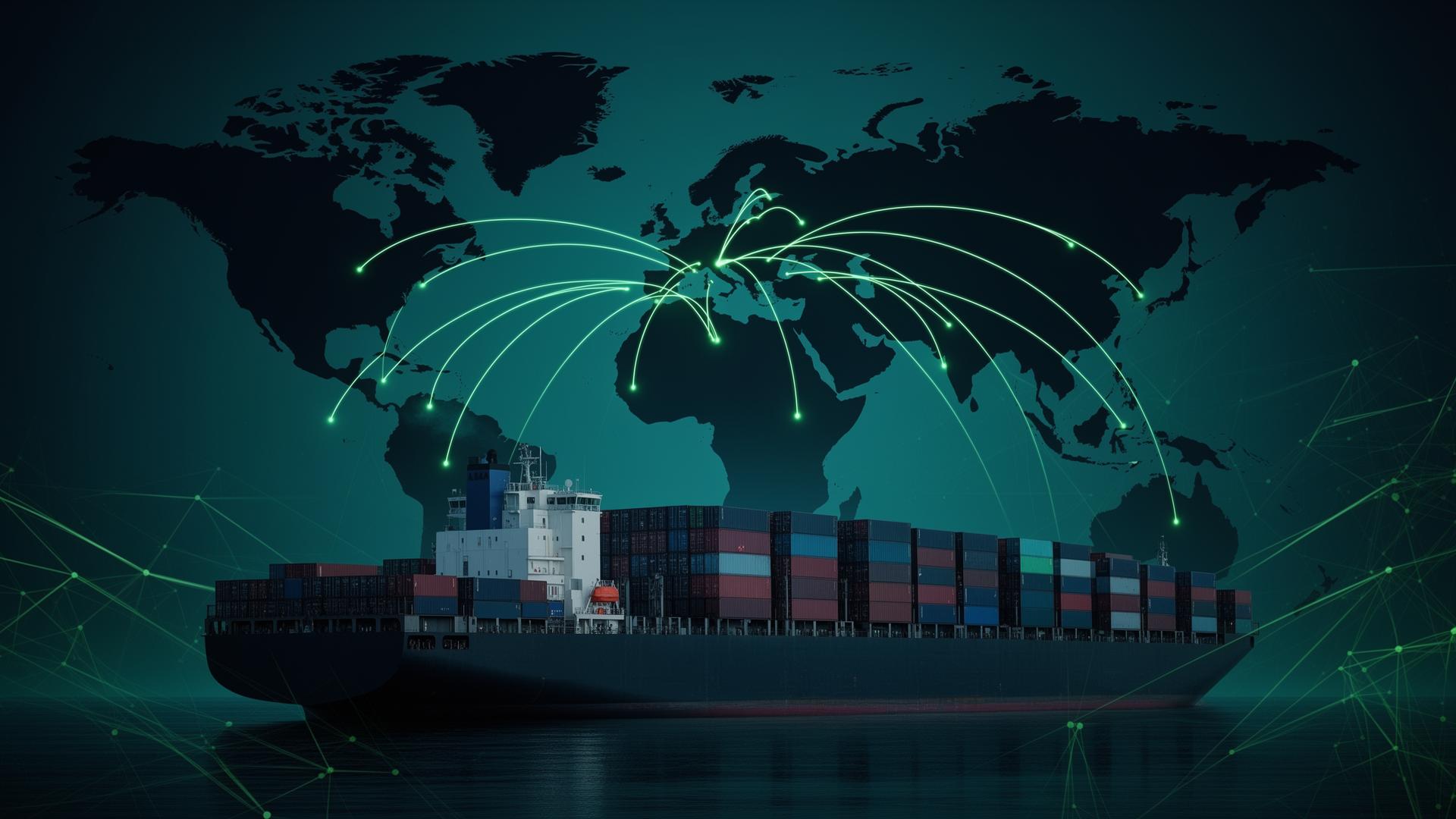 Global cargo shipping with world map and trade routes